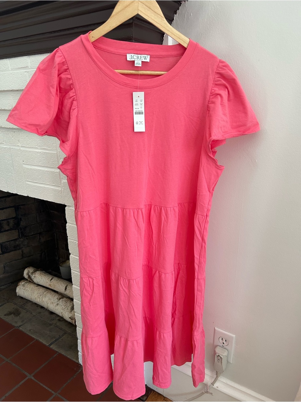 J. Crew Bright Pink Tiered Short Sleeve Dress Size L NEW